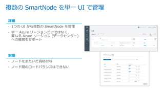 複数の SmartNode を単一 UI で管理
詳細
• 1つの UI から複数の SmartNode を管理
• 単一 Azure リージョンだけではなく、
異なる Azure リージョン (データセンター)
への展開もサポート
制限
• ノードをまたいだ資格付与
• ノード間のロードバランスはできない
 
