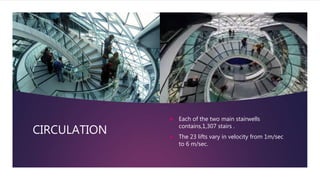 CIRCULATION
 Each of the two main stairwells
contains,1,307 stairs .
 The 23 lifts vary in velocity from 1m/sec
to 6 m/sec.
 