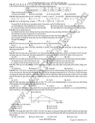 Trang 3/4 - Mã đề thi 132
Câu 27: Cho X, Y, Z, T là các chất khác nhau trong số 4 chất: CH3COOH, C6H5COOH (axit benzoic),
C2H5COOH, HCOOH và giá trị nhiệt độ sôi được ghi trong bảng sau:
Chất X Y Z T
Nhiệt độ sôi (°C) 100,5 118,2 249,0 141,0
Nhận xét nào sau đây là đúng ?
A. T là C6H5COOH. B. X là C2H5COOH. C. Y là CH3COOH. D. Z là HCOOH.
Câu 28: Một dung dịch chứa các ion: x mol Mg2+
, y mol K+
, z mol Cl 
và t mol SO 2
4 . Biểu thức liên hệ giữa x, y, z, t là
A. 2x + 2t = y + z. B. x + y = z + t. C. x + 2y = 2z + t. D. 2x + y = z + 2t.
Câu 29: Cho sơ đồ phản ứng: Propen
HBr
 X 0
NaOH
t

 Y 0
CuO
t

 Z
Trong đó X, Y, Z đều là các sản phẩm chính. Công thức của X, Y, Z lần lượt là
A. CH3CHBrCH3, CH3CH(OH)CH3, CH3COCH3. B. CH3CH2CH2Br, CH3CH2CH2OH, CH3COCH3.
C. CH3CH2CH2Br, CH3CH2CH2OH, CH3CH2CHO. D. CH3CHBrCH3, CH3CH(OH)CH3, CH3CH2CHO.
Câu 30: Cho các phát biểu sau:
(a) Chất béo nhẹ hơn nước, không tan trong nước nhưng tan trong các dung môi hữu cơ không phân cực.
(b) Chất béo là trieste của glixerol với các axit béo.
(c) Phản ứng thủy phân chất béo trong môi trường kiềm là phản ứng thuận nghịch.
(d) Tristearin có nhiệt độ nóng chảy cao hơn nhiệt độ nóng chảy của triolein.
Số phát biểu đúng là
A. 2. B. 1. C. 4. D. 3.
Câu 31: Kim loại nào sau đây phản ứng mạnh với nước ở nhiệt độ thường ?
A. Ca. B. Fe. C. Cu. D. Ag.
Câu 32: Cho dãy các chất: CH3CHO, HCOOH, C2H5OH, CH3COCH3. Số chất trong dãy có khả năng tham gia
phản ứng tráng bạc là
A. 1. B. 3. C. 2. D. 4.
Câu 33: Hòa tan hoàn toàn m gam bột Fe vào 100 ml dung dịch X gồm CuSO4; H2SO4 và Fe2(SO4)3 0,1M. Sau khi
các phản ứng xảy ra hoàn toàn, thu được dung dịch Y; m gam chất rắn Z và 0,224 lít H2 (đktc). Giá trị của m là
A. 8,96. B. 12,80. C. 17,92. D. 4,48.
Câu 34: Cho từ từ đến dư dung dịch NaOH vào ống nghiệm đựng dung dịch K2Cr2O7 thì dung dịch trong ống nghiệm
A. chuyển từ màu vàng sang màu da cam. B. chuyển từ màu da cam sang màu vàng.
C. chuyển từ màu da cam sang màu xanh. D. chuyển từ màu da cam sang màu tím.
Câu 35: Chất nào sau đây không có khả năng tham gia phản ứng thủy phân trong dung dịch H2SO4 loãng, đun
nóng?
A. Xenlulozơ. B. Mantozơ. C. Tinh bột. D. Fructozơ.
Câu 36: Cho 1,792 lít O2 tác dụng hết với hỗn hợp X gồm Na, K và Ba thu được hỗn hợp rắn Y chỉ gồm các oxit
và các kim loại dư. Hòa tan hết toàn bộ Y vào H2O lấy dư, thu được dung dịch Z và 3,136 lít H2. Cho Z tác dụng
với lượng dư dung dịch NaHCO3, thu được 39,4 gam kết tủa. Mặt khác, hấp thụ hoàn toàn 10,08 lít CO2 vào dung
dịch Z, thu được m gam kết tủa. Biết các phản ứng đều xảy ra hoàn toàn, các thể tích khí đều đo ở đktc. Giá trị của
m là
A. 14,75. B. 39,40. C. 29,55. D. 44,32.
Câu 37: Một loại phân supephotphat kép có chứa 75% muối canxi đihiđrophotphat, còn lại gồm các chất không
chứa photpho. Độ dinh dưỡng của loại phân lân này là
A. 45,51%. B. 91,02%. C. 19,87%. D. 39,74%.
Câu 38: Khi nhỏ từ từ đến dư dung dịch HCl vào dung dịch hỗn hợp gồm x mol Ba(OH)2 và y mol Ba[Al(OH)4]2
(hoặc Ba(AlO2)2), kết quả thí nghiệm được biểu diễn trên đồ thị sau:
0,1
Soá molAl(OH)3
0,3 0,7 Soá molHCl0
0,2
Giá trị của x và y lần lượt là
A. 0,05 và 0,15. B. 0,10 và 0,30.
C. 0,10 và 0,15. D. 0,05 và 0,30.
Câu 39: Cho dung dịch chứa FeCl2, ZnCl2 và CuCl2 tác dụng với lượng dư dung dịch NaOH. Sau khi các phản ứng
xảy ra hoàn toàn, đem toàn bộ lượng kết tủa thu được nung trong không khí đến khối lượng không đổi, thu được hỗn
hợp rắn gồm
A. FeO, CuO, ZnO. B. Fe2O3, ZnO, CuO. C. FeO, CuO. D. Fe2O3, CuO.
www.DeThiThuDaiHoc.com - Đề Thi Thử Đại Học
www.MATHVN.com
www.DeThiThuDaiHoc.com
 
