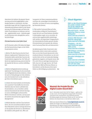 212016 44-45 Technik
übernimmt der Anbieter die gesamte Verant-
wortung und hat die Sorgfaltsplicht, seine
Kunden darüber zu informieren. Als über­
wachendes Auge steht die IT­Organisation des
Anwenderunternehmens jedoch in der Verant­
wortung, die Verbesserungen auf Seiten des
Public­Cloud­Anbieters zu erkennen und mit
den – gegebenenfalls neuen – Anforderungen
von der Business­Seite abzugleichen und zu
berücksichtigen.
ITIL-Best-Practices in der Public Cloud
Im ITIL­Kontext sollten CIOs dabei die folgen­
den fünf wesentlichen Fragen an den Public­
Cloud­Anbieter richten:
1. Welche ITIL­Best­Practices hat der Cloud­
Anbieter implementiert? Bekommen Sie ein
Verständnis dafür, welche Best Practices der
Cloud­Anbieter umgesetzt hat. Die Tiefe und
Breite der Implementierung sind ein Indiz für
die Qualität der Services und die Lieferfähig­
keit.
2. Welche Verfügbarkeitslevels werden ge­
währleistet? Durchdringen Sie die verschiede­
nen Verfügbarkeitslevels des Anbieters. Gehen
Sie auch in Verhandlungen mit dem Anbieter,
wenn der Standard nicht zu den Anforderun­
gen Ihres Unternehmens passt.
3. Arbeitet der Cloud­Anbieter mit Dritanbie­
tern zusammen? Verschafen Sie sich einen
Überblick über die interne Lieferkete des
Cloud­Anbieters, um zu verstehen, welche
externen Dienstleister der Anbieter benötigt,
um seine Lieferfähigkeit sicherzustellen.
Welche Dienstleister sind dies, und was plant
der Anbieter hinsichtlich des eigenen Risiko­
Managements?
4. Welche Metriken stellt der Cloud­Anbieter
bereit, die sich sinnvoll kontrollieren lassen?
Harte Messwerte sind ein wichtiges Kriterium,
um die Qualität der Services zu identiizieren.
Der Anbieter sollte gewillt sein, ofen und
transparent mit Ihnen zusammenzuarbeiten
und Ihnen die notwendigen Schnitstellen be­
reitstellen, mit denen Sie seine Leistungsfähig­
keit beurteilen können.
5. Über welche Continuity­Pläne auf Infra­
strukturebene verfügt der Cloud­Anbieter?
Lassen Sie sich vom Cloud­Anbieter detaillier­
te Aktionspläne zeigen, um zu verstehen, ob
und wie Daten gegebenenfalls wiederherge­
stellt werden, wie lange dieser Vorgang dauert,
ob Unterschiede bei Kunden gemacht werden
(Prioriätenlisten) und inwieweit der Anbieter
seine Continuity­Pläne lebt und dokumentiert.
Die Bedeutung der Public Cloud wird in den
kommenden Jahren immer mehr zunehmen.
Denn nur mit dem Einsatz dynamischer Infra­
strukturen können Unternehmen von der tech­
nischen Seite auf die sich ändernden Marktge­
gebenheiten reagieren und Impulse setzen. Mit
ITIL steht CIOs ein mächtiges Framework zur
Seite, das sie in die Lage versetzt, die Cloud­
Provider ihrer Wahl auf diversen Ebenen zu
kontrollieren und der Business­Seite damit
Fakten zur Berichtlegung zu präsentieren. (ba)
Am 11. November startet der Call for Papers – gehören Sie
zu den ersten, die ihr Digitalisierungsprojekt einreichen
und durch eine renommierte Jury bewerten lassen!
Die Bekanntgabe der Gewinner indet am 29. Juni 2017 im
Rahmen der Award-Gala in der Berliner AXICA stat.
MehrzumAwarderfahrenSieaufwww.digital-leader-award.de.
Haben Sie Fragen zum Wetbewerb oder zur Gala?
Kontaktieren Sie Agnes Fröschl unter 089/36086-520
oder per E-Mail an afroeschl@digital-leader-award.de.
Tipp
der
Woche
Wanted: Ihr Projekt für den
Digital Leader Award 2017
Mehr zu den Cloud-Strategien
der großen Anbieter ﬁnden
Sie auf der Website der
COMPUTERWOCHE unter:
Microsoft Azure – mit der
deutschen Cloud zu neuen
Geldquellen
www.cowo.de/a/3224773
Amazon Web Services – viel
Cloud für wenig Geld
www.cowo.de/a/3223095
T-Systems – mit vier
IaaS-Plattformen gegen
AWS und Co.
www.cowo.de/a/3228357
IBM Softlayer und Bluemix
auf dem Prüfstand
www.cowo.de/a/3223739
Die große Aufholjagd von
Google
www.cowo.de/a/3229201
Die Oracle-Cloud hat noch
viel Luft nach oben
www.cowo.de/a/3226072
Cloud-Giganten
 