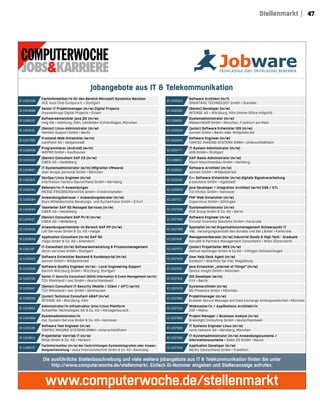 47Stellenmarkt
Jobangebote aus IT & Telekommunikation
StepStone 5sp.indd 1 27.02.2007 12:02:32 Uhr
ID 1205359
Fachinfomatiker/in für den Bereich Microsoft Dynamics Navision
ACE Auto Club Europa e.V. • Stuttgart
ID 1204898
Senior IT Projektmanager (m/w) Digital Projects
thyssenkrupp Digital Projects • Essen
ID 1206120
Softwareentwickler Java JEE (m/w)
msg life • Hamburg, Köln, Leinfelden-Echterdingen, München
ID 1204531
(Senior) Linux-Administrator (m/w)
Heinlein Support GmbH • Berlin
ID 1207260
Frontend-Web-Entwickler (w/m)
camPoint AG • Seligenstadt
ID 1206508
Programmierer (Android) (w/m)
WEPRO GmbH • Kaufbeuren
ID 1204432
(Senior) Consultant SAP CS (m/w)
CIBER AG • Heidelberg
ID 1204607
IT-Systemadministrator (w/m) (Migration VMware)
über tecops personal GmbH • München
ID 1205419
DevOps/Linux Engineer (m/w)
Information Factory Deutschland GmbH • Nürnberg
ID 1205244
Referent/in IT-Anwendungen
MESSE FRIEDRICHSHAFEN GmbH • Friedrichshafen
ID 1205084
Anwendungsbetreuer / Anwendungsberater (m/w)
Bsys Mitteldeutsche Beratungs- und Systemhaus GmbH • Erfurt
ID 1204564
Teamleiter SAP SD Managed Services (m/w)
CIBER AG • Heidelberg
ID 1204527
(Senior) Consultant SAP PI/XI (m/w)
CIBER AG • Heidelberg
ID 1204034
Anwendungsentwickler im Bereich SAP PP (m/w)
Loh Services GmbH & Co. KG • Haiger
ID 1203659
Application Consultant (m/w) SAP SD
Viega GmbH & Co. KG • Attendorn
ID 1201347
IT-Consultant (m/w) Softwareentwicklung & Prozessmanagement
deron services GmbH • Stuttgart
ID 1200522
Software Entwickler Backend & Kundenportal (m/w)
sonnen GmbH • Wildpoldsried
ID 1203206
Software-Quality Engineer (m/w) - Local Engineering Support
Garmin Würzburg GmbH • Würzburg, Stuttgart
ID 1202700
Senior IT Security Consultant (SIEM) Information & Event Management (w/m)
TÜV Rheinland i-sec GmbH • deutschlandweit
ID 1202847
(Senior) Consultant IT-Security (Mobile / Client / APT) (w/m)
TÜV Rheinland i-sec GmbH • Gelnhausen
ID 1200036
(Junior) Technical Consultant ABAP (m/w)
INTENSE AG • Würzburg, Köln
ID 1203852
Administrator/in Infrastruktur Unix/Linux Plattform
Schaeffler Technologies AG & Co. KG • Herzogenaurach
ID 1202969
Systemadministrator/in
itsc System-Service GmbH & Co. KG • Hannover
ID 1203106
Software Test Engineer (m/w)
TOMTEC IMAGING SYSTEMS GMBH • Unterschleißheim
ID 1203913
Projektleiter Vertrieb IT (m/w)
Rittal GmbH & Co. KG • Herborn
ID 1198578
Fachinformatiker (m/w) der Fachrichtungen Systemintegration oder Anwen-
dungsentwicklung • stoba Präzisionstechnik GmbH & Co. KG • Backnang
ID 1200554
Software Architect (m/f)
SMARTRAC TECHNOLOGY GmbH • Dresden
ID 1200105
(Senior) Developer (m/w)
INTENSE AG • Würzburg, Köln (Home-Office möglich)
ID 1199418
Systemadministrator (m/w)
MaibornWolff GmbH • München, Frankfurt am Main
ID 1200524
(Junior) Software Entwickler iOS (m/w)
sonnen GmbH • Berlin oder Wildpoldsried
ID 1202444
Software Engineer (m/w)
TOMTEC IMAGING SYSTEMS GMBH • Unterschleißheim
ID 1204777
IT-System-Administrator (m/w)
AEB GmbH • Stuttgart
ID 1199913
SAP-Basis-Administrator (m/w)
Hauni Maschinenbau GmbH • Hamburg
ID 1200521
Software-Architekt (m/w)
sonnen GmbH • Wildpoldsried
ID 1203126
C++ Software-Entwickler (m/w) digitale Signalverarbeitung
e.solutions GmbH • Ingolstadt
ID 1202802
Java Developer / Integration Architect (w/m) ESB / ETL
TUI InfoTec GmbH • Hannover
ID 1207711
PHP Web-Entwickler (m/w)
Copernicus GmbH • Göttingen
ID 1207509
Systemadministrator (m/w)
PUK Group GmbH & Co. KG • Berlin
ID 1207364
Software Engineer (m/w)
Circular Economy Solutions GmbH • Karlsruhe
ID 1207369
Spezialist (m/w) Organisationsmanagement Schwerpunkt IT
VBL. Versorgungsanstalt des Bundes und der Länder • Karlsruhe
ID 1207419
Managementberater (m/w) Industrial Goods & High Tech - Graduate
Horváth & Partners Management Consultants • Wien (Österreich)
ID 1207573
(Junior) Projektleiter MES (m/w)
Helmut Hechinger GmbH & Co.KG • Villingen-Schwenningen
ID 1207630
User Help Desk Agent (m/w)
Dataport • Altenholz bei Kiel, Magdeburg
ID 1207641
Java Entwickler „Internet of Things“ (m/w)
Device Insight GmbH • München
ID 1207319
iOS Developer (w/m)
FitX • Berlin
ID 1207678
Systemarchitekt (m/w)
BG-Phoenics GmbH • München
ID 1207682
Projektmanager (m/w)
Brabbler Secure Message and Data Exchange Aktiengesellschaft • München
ID 1207333
Webmaster/in / Applikations-Architekt/in
ZDF • Mainz
ID 1207685
Project Manager / Business Analyst (m/w)
Greenlight Consulting GmbH • deutschlandweit
ID 1207696
IT Systems Engineer Linux (m/w)
noris network AG • Nürnberg, München
ID 1207366
IT-Systemadministrator (m/w) Anwendungssysteme /
Informationssysteme • Selex ES GmbH • Neuss
ID 1207520
Application Developer (m/w)
Berlitz Deutschland GmbH • Frankfurt
Die ausführliche Stellenbeschreibung und viele weitere Jobangebote aus IT & Telekommunikation finden Sie unter
http://www.computerwoche.de/stellenmarkt. Einfach ID-Nummer eingeben und Stellenanzeige aufrufen.
www.computerwoche.de/stellenmarkt
 