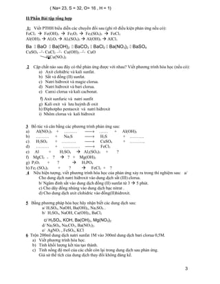 ( Na= 23, S = 32, O= 16 , H = 1) 
II/Phần Bài tập tổng hợp 
1: Viết PTHH biểu diễn các chuyển đổi sau (ghi rõ điều kiện phản ứng nếu có): 
FeCl3  Fe(OH)3  Fe2O3  Fe2(SO4)3  FeCl3 
Al(OH)3  Al2O3  Al2(SO4)3  Al(OH)3  AlCl3 
Ba  BaO  Ba(OH)2  BaCO3  BaCl2  Ba(NO3)2  BaSO4 
CuSO4 ¾¾(1)® CuCl2 ¾ ¾(2)® Cu(OH)2 ¾ ¾(3)® CuO 
Cu(NO3)2 
2 Cặp chất nào sau đây có thể phản ứng được với nhau? Viết phương trình hóa học (nếu có): 
a) Axit clohiđric và kali sunfat. 
b) Sắt và đồng (II) sunfat. 
c) Natri hiđroxit và magie clorua. 
d) Natri hiđroxit và bari clorua. 
e) Canxi clorua và kali cacbonat. 
f) Axit sunfuric và natri sunfit 
g) Kali oxit và lưu huỳnh đi oxit 
h) Điphotpho pentaoxit và natri hiđroxit 
i) Nhôm clorua và kali hiđroxit 
3 Bổ túc và cân bằng các phương trình phản ứng sau: 
a) Al(NO3)3 + ……… ¾¾® …… + Al(OH)3 
b) ……… + Na2S ¾¾® H2S + ………. 
c) H2SO4 + ………. ¾¾® CuSO4 + ……….. 
d) ……… + ………… ¾¾® FeCl3 
e) Al + H2SO4  Al2(SO4)3 + ? 
f) MgCl2 + ?  ? + Mg(OH)2 
g) P2O5 + ?  H3PO4 
h) Fe2 (SO4)3 + ?  FeCl3 + ? 
4 Nêu hiện tượng, viết phương trình hóa học của phản ứng xảy ra trong thí nghiệm sau: a/ 
Cho dung dịch natri hiđroxit vào dung dịch sắt (III) clorua. 
b/ Ngâm đinh sắt vào dung dịch đồng (II) sunfat từ 3  5 phút. 
c) Cho dây đồng nhúng vào dung dịch bạc nitrat . 
d) Cho dung dịch axit clohidric vào đồng(II)hidroxit. 
5 Bằng phương pháp hóa học hãy nhận biết các dung dịch sau: 
a/ H2SO4, NaOH, Ba(OH)2, Na2SO4 . 
b/ H2SO4, NaOH, Ca(OH)2, BaCl2 
c/ H2SO4, KOH, Ba(OH)2, Mg(NO3)2 
d/ Na2SO4, Na2CO3, Ba(NO3)2. 
e/ AgNO3 , FeSO4, KCl 
6 Trộn 200ml dung dịch natri sunfat 1M vào 300ml dung dịch bari clorua 0,5M. 
a) Viết phương trình hóa học. 
b) Tính khối lượng kết tủa tạo thành. 
c) Tính nồng độ mol của các chất còn lại trong dung dịch sau phản ứng. 
Giả sử thể tích của dung dịch thay đổi không đáng kể. 
3 
(4) 
 