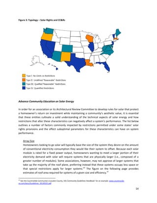 14
Figure 3: Typology – Solar Rights and CC&Rs
Advance Community Education on Solar Energy
In order for an association or its Architectural Review Committee to develop rules for solar that protect
a homeowner’s return on investment while maintaining a community’s aesthetic value, it is essential
that these entities cultivate a solid understanding of the technical aspects of solar energy and how
restrictions that alter these characteristics can negatively affect a system’s performance. The list below
outlines a number of factors commonly impacted by restrictions permitted under some states’ solar
rights provisions and the effect suboptimal parameters for these characteristics can have on system
performance.
Array Size
Homeowners looking to go solar will typically base the size of the system they desire on the amount
of conventional electricity consumption they would like their system to offset. Because each solar
module is rated for a fixed power output, homeowners wanting to meet a larger portion of their
electricity demand with solar will require systems that are physically larger (i.e., composed of a
greater number of modules). Some associations, however, may not approve of larger systems that
take up the majority of the roof plane, preferring instead that these systems occupy less space or
that special restrictions apply for larger systems.viii
The figure on the following page provides
estimates of roof area required for systems of a given size and efficiency.37
viii
See the CountrySide Community’s (Loudon County, VA) Community Guidelines Handbook for an example: www.countryside-
va.com/docs/Guidelines_20130101.pdf
 