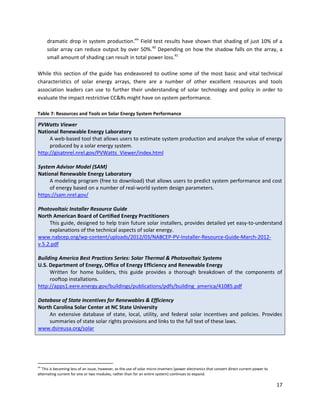 17
dramatic drop in system production.xiv
Field test results have shown that shading of just 10% of a
solar array can reduce output by over 50%.40
Depending on how the shadow falls on the array, a
small amount of shading can result in total power loss.41
While this section of the guide has endeavored to outline some of the most basic and vital technical
characteristics of solar energy arrays, there are a number of other excellent resources and tools
association leaders can use to further their understanding of solar technology and policy in order to
evaluate the impact restrictive CC&Rs might have on system performance.
Table 7: Resources and Tools on Solar Energy System Performance
PVWatts Viewer
National Renewable Energy Laboratory
A web-based tool that allows users to estimate system production and analyze the value of energy
produced by a solar energy system.
http://gisatnrel.nrel.gov/PVWatts_Viewer/index.html
System Advisor Model (SAM)
National Renewable Energy Laboratory
A modeling program (free to download) that allows users to predict system performance and cost
of energy based on a number of real-world system design parameters.
https://sam.nrel.gov/
Photovoltaic Installer Resource Guide
North American Board of Certified Energy Practitioners
This guide, designed to help train future solar installers, provides detailed yet easy-to-understand
explanations of the technical aspects of solar energy.
www.nabcep.org/wp-content/uploads/2012/03/NABCEP-PV-Installer-Resource-Guide-March-2012-
v.5.2.pdf
Building America Best Practices Series: Solar Thermal & Photovoltaic Systems
U.S. Department of Energy, Office of Energy Efficiency and Renewable Energy
Written for home builders, this guide provides a thorough breakdown of the components of
rooftop installations.
http://apps1.eere.energy.gov/buildings/publications/pdfs/building_america/41085.pdf
Database of State Incentives for Renewables & Efficiency
North Carolina Solar Center at NC State University
An extensive database of state, local, utility, and federal solar incentives and policies. Provides
summaries of state solar rights provisions and links to the full text of these laws.
www.dsireusa.org/solar
xiv
This is becoming less of an issue, however, as the use of solar micro-inverters (power electronics that convert direct current power to
alternating current for one or two modules, rather than for an entire system) continues to expand.
 