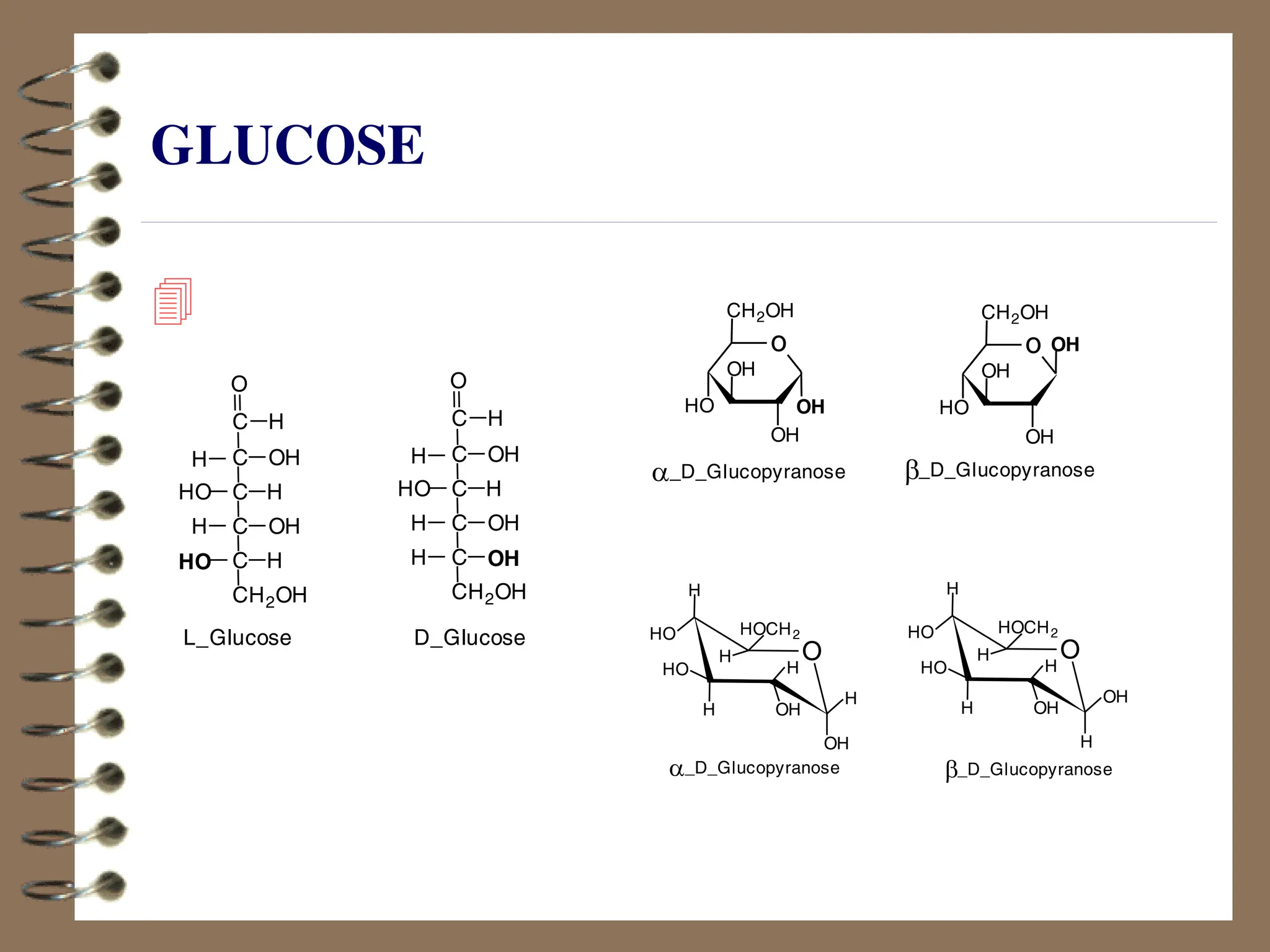 GLUCOSE

L_Glucose
H
OH
H
OH
C
C
C
C
C
H
H
HO
CH2OH
O
H
HO
D_Glucose
H
OH
H
OH
C
C
C
C
C
H
H
H
HO
CH2OH
O
OH
O
H
H
OH
H
OH
H
HO
HO
H
HOCH2
b_D_Glucopyranose
O
H
H
OH
H
OH
H
HO
HO
H
HOCH2
_D_Glucopyranose
a
b_D_Glucopyranose
OH
o
OH
OH
HO
CH2OH
_D_Glucopyranose
a
OH
o
OH
OH
HO
CH2OH
 