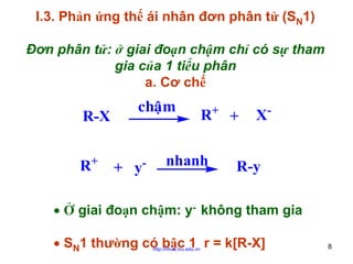 I.3. Phản ứng thế ái nhân đơn phân tử (SN1)
Đơn phân tử: ở giai đoạn chậm chỉ có sự tham
gia của 1 tiểu phân
a. Cơ chế

R-X
R+

chaäm

+ y

-

R+ +

nhanh

X-

R-y

• Ở giai đoạn chậm: y- không tham gia
• SN1 thường có bậc 1 r = k[R-X]
http://hhud.tvu.edu.vn

8

 