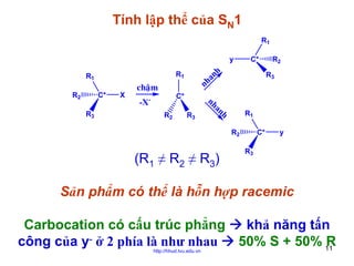 Tính lập thể của SN1
R1
y

R2

C*

C*

-XR2

R3

h
an
nh

R3

X

chaäm

R2
R3

nh
an
h

R1

R1

C*

R1
R2

(R1 ≠ R2 ≠ R3)

C*

y

R3

Sản phẩm có thể là hỗn hợp racemic
Carbocation có cấu trúc phẳng
khả năng tấn
công của y- ở 2 phía là như nhau
50% S + 50% 11
R
http://hhud.tvu.edu.vn

 