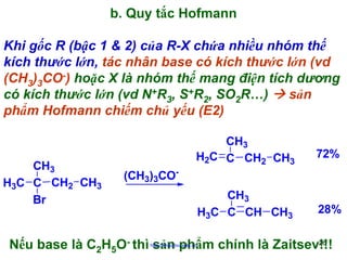 b. Quy tắc Hofmann
Khi gốc R (bậc 1 & 2) của R-X chứa nhiều nhóm thế
kích thước lớn, tác nhân base có kích thước lớn (vd
(CH3)3CO-) hoặc X là nhóm thế mang điện tích dương
có kích thước lớn (vd N+R3, S+R2, SO2R…)
sản
phẩm Hofmann chiếm chủ yếu (E2)

CH3
H3C C CH2 CH3
Br

CH3
H2C C CH2 CH3

72%

CH3
H3C C CH CH3

28%

(CH3)3CO-

26
Nếu base là C2H5O- thì sản phẩm chính là Zaitsev!!!
http://hhud.tvu.edu.vn

 