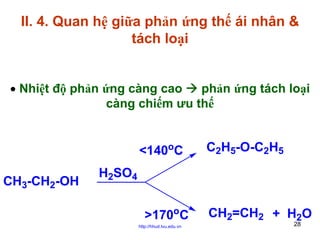 II. 4. Quan hệ giữa phản ứng thế ái nhân &
tách loại
• Nhiệt độ phản ứng càng cao
phản ứng tách loại
càng chiếm ưu thế

<140oC
CH3-CH2-OH

C2H5-O-C2H5

H2SO4
>170oC
http://hhud.tvu.edu.vn

CH2=CH2 + H2O
28

 