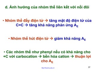 d. Ảnh hưởng của nhóm thế liên kết với nối đôi
• Nhóm thế đẩy điện tử
tăng mật độ điện tử của
C=C
tăng khả năng phản ứng AE
• Nhóm thế hút điện tử

giảm khả năng AE

• Các nhóm thế như phenyl nếu có khả năng cho
+C với carbocation
bền hóa cation
thuận lợi
cho AE
http://hhud.tvu.edu.vn

37

 