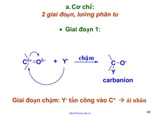 a. Cơ chế:
2 giai đoạn, lưỡng phân tử
• Giai đoạn 1:

δ+

C

O

δ−

+ Y

-

chaäm

C OY
carbanion

Giai đoạn chậm: Y- tấn công vào C+
http://hhud.tvu.edu.vn

ái nhân
40

 