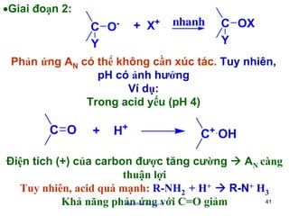 •Giai đoạn 2:

nhanh

C OX
C O
Y
Y
Phản ứng AN có thể không cần xúc tác. Tuy nhiên,
pH có ảnh hưởng
Ví dụ:
Trong acid yếu (pH 4)
+ X+

-

C O

+

H+

C+ OH

Điện tích (+) của carbon được tăng cường
AN càng
thuận lợi
R-N+ H3
Tuy nhiên, acid quá mạnh: R-NH2 + H+
41
Khả năng phản ứng với C=O giảm
http://hhud.tvu.edu.vn

 