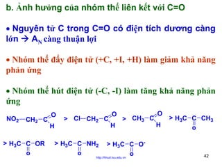 b. Ảnh hưởng của nhóm thế liên kết với C=O
• Nguyên tử C trong C=O có điện tích dương càng
lớn
AN càng thuận lợi
• Nhóm thế đẩy điện tử (+C, +I, +H) làm giảm khả năng
phản ứng
• Nhóm thế hút điện tử (-C, -I) làm tăng khả năng phản
ứng
NO2

CH2 C

> H3C C OR
o

O
H

> Cl CH2 C

> H3C C NH2
o

O
H

> CH3 C

> H3C C Oo
http://hhud.tvu.edu.vn

O
H

> H3C C CH3
o

42

 