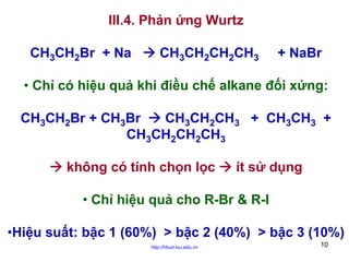III.4. Phản ứng Wurtz
CH3CH2Br + Na

CH3CH2CH2CH3

+ NaBr

• Chỉ có hiệu quả khi điều chế alkane đối xứng:
CH3CH2Br + CH3Br
CH3CH2CH3 + CH3CH3 +
CH3CH2CH2CH3
không có tính chọn lọc

ít sử dụng

• Chỉ hiệu quả cho R-Br & R-I
•Hiệu suất: bậc 1 (60%) > bậc 2 (40%) > bậc 3 (10%)
http://hhud.tvu.edu.vn

10

 