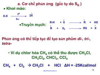 a. Cơ chế phản ứng (gốc tự do SR )
• Khơi mào:
X-X

to

2X

hν

•Truyền mạch:

R-H
R

+ X
+

X2

R

+

RX

HX

+ X

Phản ứng có thể tiếp tục để tạo sản phẩm di-, tri-,
tetra• Ví dụ chlor hóa CH4 có thể thu được CH3Cl,
CH2Cl2, CHCl3, CCl4
CH4 + Cl2

CH3Cl

+

HCl ΔH = -25Kcal/mol

http://hhud.tvu.edu.vn

13

 
