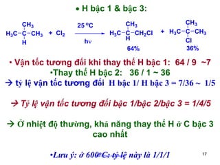 • H bậc 1 & bậc 3:
CH3
H3C C CH3 + Cl2
H

25 oC
hν

CH3
H3C C CH2Cl
H
64%

CH3
+ H3C C CH3
Cl
36%

• Vận tốc tương đối khi thay thế H bậc 1: 64 / 9 ~7
•Thay thế H bậc 2: 36 / 1 ~ 36
tỷ lệ vận tốc tương đối H bậc 1/ H bậc 3 = 7/36 ~ 1/5
Tỷ lệ vận tốc tương đối bậc 1/bậc 2/bậc 3 = 1/4/5
Ở nhiệt độ thường, khả năng thay thế H ở C bậc 3
cao nhất
•Lưu ý: ở 600oC: tỷ lệ này là 1/1/1
http://hhud.tvu.edu.vn

17

 