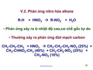 V.2. Phản ứng nitro hóa alkane
R-H

+ HNO3

R-NO2

+ H2O

• Phản ứng xảy ra ở nhiệt độ cao,cơ chế gốc tự do
• Thường xảy ra phản ứng đứt mạch carbon
CH3-CH2-CH3 + HNO3
CH3-CH2-CH2-NO2 (25%) +
CH3-CHNO2-CH3 (40%) + CH3-CH2-NO2 (25%) +
CH3-NO2 (10%)
http://hhud.tvu.edu.vn

20

 
