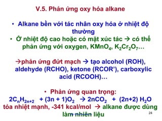 V.5. Phản ứng oxy hóa alkane
• Alkane bền với tác nhân oxy hóa ở nhiệt độ
thường
• Ở nhiệt độ cao hoặc có mặt xúc tác
có thể
phản ứng với oxygen, KMnO4, K2Cr2O7…
phản ứng đứt mạch
tạo alcohol (ROH),
aldehyde (RCHO), ketone (RCOR’), carboxylic
acid (RCOOH)…
• Phản ứng quan trọng:
2CnH2n+2 + (3n + 1)O2
2nCO2 + (2n+2) H2O
tỏa nhiệt mạnh, -341 kcal/mol
alkane được dùng
24
làm nhiên liệu
http://hhud.tvu.edu.vn

 