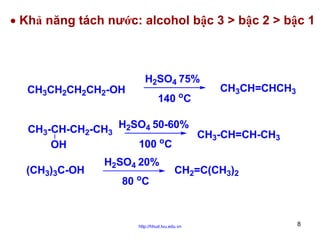 • Khả năng tách nước: alcohol bậc 3 > bậc 2 > bậc 1

CH3CH2CH2CH2-OH

H2SO4 75%
140 oC

CH3CH=CHCH3

CH3-CH-CH2-CH3 H2SO4 50-60%
CH3-CH=CH-CH3
o
100 C
OH
(CH3)3C-OH

H2SO4 20%
80 oC

CH2=C(CH3)2

http://hhud.tvu.edu.vn

8

 