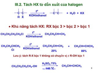 III.2. Tách HX từ dẫn xuất của halogen
C C
H X

to
KOH/ethanol

C C

+ H2O + KX

• Khả năng tách HX: RX bậc 3 > bậc 2 > bậc 1
to
CH3CH2CH=CH2
CH3CH2CH2CH2Cl
KOH/ethanol
CH3CH2CHCH3
Cl

to
KOH/ethanol

CH3CH2CH=CH2
20%

+

CH3CH=CHCH3
80%

Lưu ý: tách R-X bậc 1 không có chuyển vị ≠ R-OH bậc 1

CH3CH2CH2CH2-OH

H2SO4 75%
o

140 C

http://hhud.tvu.edu.vn

CH3CH=CHCH3

9

 