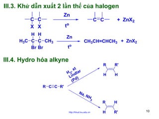 III.3. Khử dẫn xuất 2 lần thế của halogen
Zn

C C
X X

C C

to

H H
H3C C C CH3
Br Br

Zn

+ ZnX2

CH3CH=CHCH3 + ZnX2

to

III.4. Hydro hóa alkyne

R
H

t
, x ar
H 2 dl
Lin )
(Pd

R'
H

R

H

H

R'

R C C R'
Na
,N

H

3

http://hhud.tvu.edu.vn

10

 