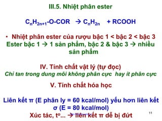 III.5. Nhiệt phân ester
CnH2n+1-O-COR

CnH2n

+ RCOOH

• Nhiệt phân ester của rượu bậc 1 < bậc 2 < bậc 3
Ester bậc 1
1 sản phẩm, bậc 2 & bậc 3
nhiều
sản phẩm
IV. Tính chất vật lý (tự đọc)
Chỉ tan trong dung môi không phân cực hay ít phân cực

V. Tính chất hóa học
Liên kết π (E phân ly = 60 kcal/mol) yếu hơn liên kết
σ (E = 80 kcal/mol)
11
o...
Xúc tác, t
liên kết π dễ bị đứt
http://hhud.tvu.edu.vn

 
