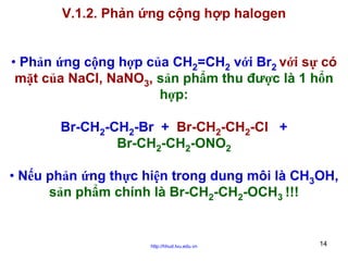 V.1.2. Phản ứng cộng hợp halogen
• Phản ứng cộng hợp của CH2=CH2 với Br2 với sự có
mặt của NaCl, NaNO3, sản phẩm thu được là 1 hổn
hợp:
Br-CH2-CH2-Br + Br-CH2-CH2-Cl +
Br-CH2-CH2-ONO2
• Nếu phản ứng thực hiện trong dung môi là CH3OH,
sản phẩm chính là Br-CH2-CH2-OCH3 !!!

http://hhud.tvu.edu.vn

14

 