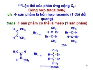 ***Lập thể của phản ứng cộng X2:
Cộng hợp trans (anti)
cis
sản phẩm là hổn hợp racemic (1 đôi đối
quang)
trans
sản phẩm có thể là meso (1 sản phẩm)
H
H

C
C

H3C
H

CH3

Br2

CH3

C
C

H
CH3

Br2

CH3
H C Br
Br C H
CH3
CH3
H C Br
H C Br
CH3
http://hhud.tvu.edu.vn
meso

CH3
Br C H
H C Br
CH3
rac-

16

 