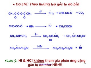 • Cơ chế: Theo hướng tạo gốc tự do bền
to

CH3-C-O-O-C-CH3
O
O
CH3-CO-O

Br

+ HBr

CH3-CH=CH2

CH3-CH-CH2Br

CH3 + CH3-CO-O

Br

+ CH3COOH

CH3-CH-CH2
Br

HBr

+ CO2

+ CH3-CH-CH2Br

CH3-CH2-CH2Br + Br

•Lưu ý: HI & HCl không tham gia phản ứng cộng
19
gốc tự do như HBr!!!
http://hhud.tvu.edu.vn

 