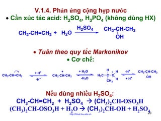 V.1.4. Phản ứng cộng hợp nước
• Cần xúc tác acid: H2SO4, H3PO4 (không dùng HX)
CH3-CH=CH2 + H2O

H2SO4

CH3-CH-CH3
OH

• Tuân theo quy tắc Markonikov
• Cơ chế:
CH3-CH=CH2

+ H+
-H

+

+
CH3-CH-CH3

+ H2O
-H2O

H
H3 C C O
CH3

H

-H+

H

+ H+

CH3-CH-CH3
OH

Nếu dùng nhiều H2SO4:
CH3-CH=CH2 + H2SO4
(CH3)2CH-OSO3H
(CH3)2CH-OSO3H + H2O
(CH3)2CH-OH + H2SO4
http://hhud.tvu.edu.vn

20

 