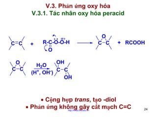 V.3. Phản ứng oxy hóa
V.3.1. Tác nhân oxy hóa peracid

σ+

R-C-O-O-H
O

C C

+

O
C C

O
C C

+ RCOOH

OH
H2O
C C
(H+, OH-)
OH

• Cộng hợp trans, tạo -diol
• Phản ứng không gây cắt mạch C=C
http://hhud.tvu.edu.vn

24

 