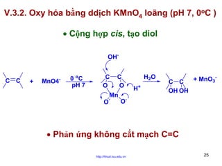 V.3.2. Oxy hóa bằng ddịch KMnO4 loãng (pH 7, 0oC )
• Cộng hợp cis, tạo diol
OH-

C C

+

-

MnO4

0 oC
pH 7

C
O
O

C
O

Mn

H2O
+

H

C C
OH OH

+ MnO3-

O-

• Phản ứng không cắt mạch C=C
http://hhud.tvu.edu.vn

25

 