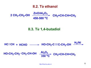 II.2. Từ ethanol
2 CH3-CH2-OH

ZnO/Al2O3
o

450-500 C

CH2=CH-CH=CH2

II.3. Từ 1,4-butadiol

HC CH + HCHO

HO-CH2-C

HO-CH2-CH2 CH2-CH-OH

Al2O3
350 oC
http://hhud.tvu.edu.vn

C-CH2-OH

H2/Ni

CH2=CH-CH=CH2
6

 