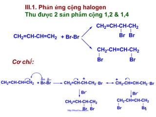 III.1. Phản ứng cộng halogen
Thu được 2 sản phẩm cộng 1,2 & 1,4
CH2=CH-CH-CH2
Br Br

CH2=CH-CH=CH2 + Br-Br

CH2-CH=CH-CH2
Br

Cơ chế:
CH2=CH-CH=CH2

δ+ δ−
+ Br-Br

Br

+
CH2=CH-CH-CH2 Br

+
CH2-CH=CH-CH2 Br

Br-

Br-

CH2=CH-CH-CH2
Br Br

http://hhud.tvu.edu.vn

CH2-CH=CH-CH2
Br

Br
8

 