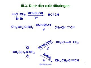 III.3. Đi từ dẫn xuất dihalogen
H2C CH2 KOH/EtOH
to
Br Br
CH3-CH2-CHCl2

Cl
CH3-CH2-C-CH3
Cl

HC CH

KOH/EtOH
t

o

H
tO
E
H/
KO
to
Na
NH
to 2
http://hhud.tvu.edu.vn

CH3-CH

CH3-C

CH

C CH3

CH3-CH2-C

CH
7

 