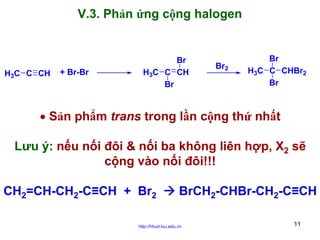 V.3. Phản ứng cộng halogen

H3C C CH

+ Br-Br

Br
H3C C CH
Br

Br2

Br
H3C C CHBr2
Br

• Sản phẩm trans trong lần cộng thứ nhất
Lưu ý: nếu nối đôi & nối ba không liên hợp, X2 sẽ
cộng vào nối đôi!!!
CH2=CH-CH2-C≡CH + Br2

BrCH2-CHBr-CH2-C≡CH

http://hhud.tvu.edu.vn

11

 