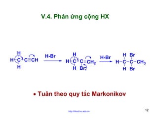V.4. Phản ứng cộng HX

H
H C C CH
H

H-Br

H
H-Br
H C C CH2
H Br

H Br
H C C CH3
H Br

• Tuân theo quy tắc Markonikov
http://hhud.tvu.edu.vn

12

 