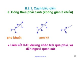 II.2.1. Cách biểu diễn
a. Công thức phối cảnh (không gian 3 chiều)
a

a

b
a

b
c

c

c

b

b
c

che khuất

a
b
c

a

xen kẽ

• Liên kết C-C: đường chéo trái qua phải, xa
dần người quan sát
http://hhud.tvu.edu.vn

23

 