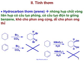 II. Tính thơm
• Hydrocarbon thơm (arene)
những hợp chất vòng
liên hợp có cấu tạo phẳng, có cấu tạo điện tử giống
benzene, khó cho phản ứng cộng, dễ cho phản ứng
thế
H
Br2
CCl4
Br

Br
H

Br2

H
KMnO4 L
H2O
H

CCl4

OH
OH

KMnO4 L
H2O
http://hhud.tvu.edu.vn

6

 
