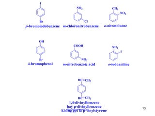 I
NO2

CH3
NO2
Cl

Br

p-bromoiodobenzene m-chloronitrobenzene

o-nitrotoluene

OH
COOH

NH2
I

Br

4-bromophenol

NO2

m-nitrobenzoic acid

o-iodoaniline

HC CH2

HC CH2

1,4-divinylbenzene
hay p-divinylbenzene
khoâhttp://hhud.tvu.edu.vn
ng goïi laø p-vinylstyrene

13

 