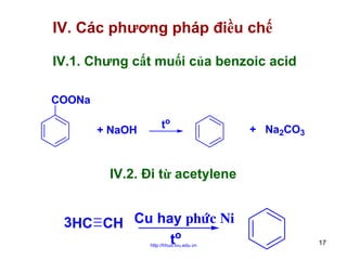 IV. Các phương pháp điều chế
IV.1. Chưng cất muối của benzoic acid
COONa
+ NaOH

to

+ Na2CO3

IV.2. Đi từ acetylene

3HC CH Cu hay phöùc Ni
to
http://hhud.tvu.edu.vn

17

 