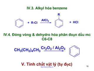 IV.3. Alkyl hóa benzene
R
+ R-Cl

AlCl3

+ HCl

IV.4. Đóng vòng & dehydro hóa phân đoạn dầu mỏ
C6-C8

CH3(CH2)4CH3

Cr2O3 / Al2O3

V. Tính chất vật lý (tự đọc)
http://hhud.tvu.edu.vn

18

 