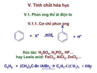V. Tính chất hóa học
V.1. Phản ứng thế ái điện tử
V.1.1. Cơ chế phản ứng
X
+ X+

acid

+ H+

Xúc tác: H2SO4, H3PO4, HF…
hay Lewis acid: FeCl3, AlCl3, ZnCl2…
C6H6 + (CH3)3C-Br /AlBr3

http://hhud.tvu.edu.vn

C6H5-C(CH3)3 + HBr
19

 