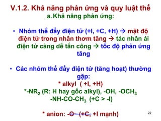 V.1.2. Khả năng phản ứng và quy luật thế
a. Khả năng phản ứng:
• Nhóm thế đẩy điện tử (+I, +C, +H)
mật độ
điện tử trong nhân thơm tăng
tác nhân ái
điện tử càng dễ tấn công
tốc độ phản ứng
tăng
• Các nhóm thế đẩy điện tử (tăng hoạt) thường
gặp:
* alkyl ( +I, +H)
*-NR2 (R: H hay gốc alkyl), -OH, -OCH3
-NH-CO-CH3 (+C > -I)
* anion: -O- (+C, +I mạnh)
http://hhud.tvu.edu.vn

22

 
