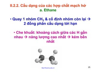 II.2.2. Cấu dạng của các hợp chất mạch hở
a. Ethane
• Quay 1 nhóm CH3 & cố định nhóm còn lại
2 đồng phân cấu dạng tới hạn
• Che khuất: khoảng cách giữa các H gần
nhau
năng lượng cao nhất
kém bền
nhất

http://hhud.tvu.edu.vn

25

 