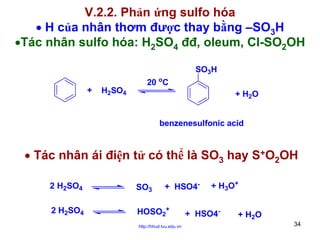 V.2.2. Phản ứng sulfo hóa
• H của nhân thơm được thay bằng –SO3H
•Tác nhân sulfo hóa: H2SO4 đđ, oleum, Cl-SO2OH
SO3H
+

H2SO4

20 oC
+ H2O
benzenesulfonic acid

• Tác nhân ái điện tử có thể là SO3 hay S+O2OH
+ HSO4-

2 H2SO4

SO3

2 H2SO4

HOSO2+
http://hhud.tvu.edu.vn

+ H3O+

+ HSO4-

+ H2O
34

 