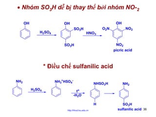 • Nhóm SO3H dễ bị thay thế bởi nhóm NO-2
OH

OH

OH
SO3H

H2SO4

HNO3

O2 N

NO2

NO2
picric acid

SO3H

* Điều chế sulfanilic acid
NH3+HSO4-

NH2
H2SO4

NHSO3H

NH2

to
-H2O
H
http://hhud.tvu.edu.vn

SO3H
sulfanilic acid 36

 
