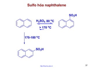 Sulfo hóa naphthalene
SO3H
H2SO4 80 oC
> 170 oC
170-180 oC

SO3H

http://hhud.tvu.edu.vn

37

 