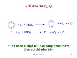 • Để điều chế C6H5I:

I
+ NO2 + H2O

+ I2 + HNO3
H+

I+

+ I2 + HNO3

+ NO2 + H2O

• Tác nhân ái điện tử I+ tấn công nhân thơm
theo cơ chế như trên
http://hhud.tvu.edu.vn

40

 