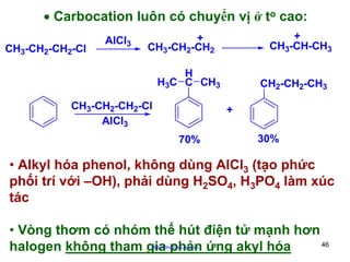 • Carbocation luôn có chuyển vị ở to cao:
CH3-CH2-CH2-Cl

AlCl3

+
CH3-CH-CH3

+
CH3-CH2-CH2
H
H3C C CH3

CH3-CH2-CH2-Cl
AlCl3

CH2-CH2-CH3
+

70%

30%

• Alkyl hóa phenol, không dùng AlCl3 (tạo phức
phối trí với –OH), phải dùng H2SO4, H3PO4 làm xúc
tác
• Vòng thơm có nhóm thế hút điện tử mạnh hơn
46
halogen không tham gia phản ứng akyl hóa
http://hhud.tvu.edu.vn

 